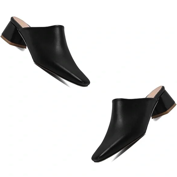 NWOT Size 8 Women Black Chunky Heel Mules Closed Toe Square Toe Slip On Shoes - Picture 3 of 14
